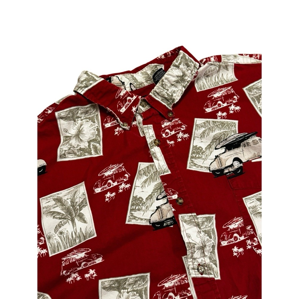 Puritan Hawaiian Shirt Red Surf Wagon Palm Print Button Front Mens 2XL